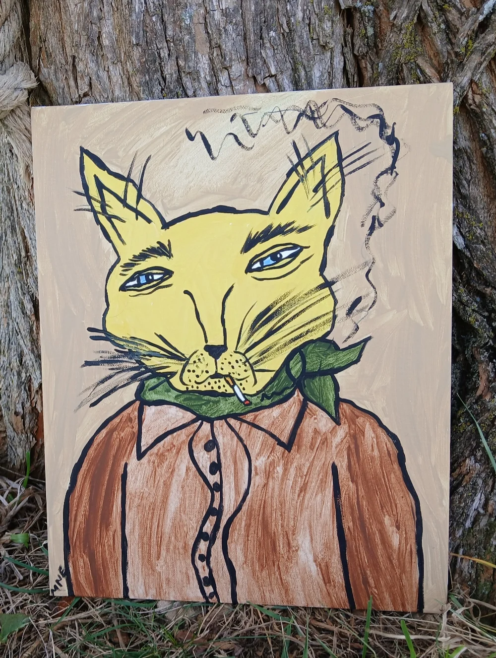 Smoking Cat Painting Folk Art - Picture 2 of 10